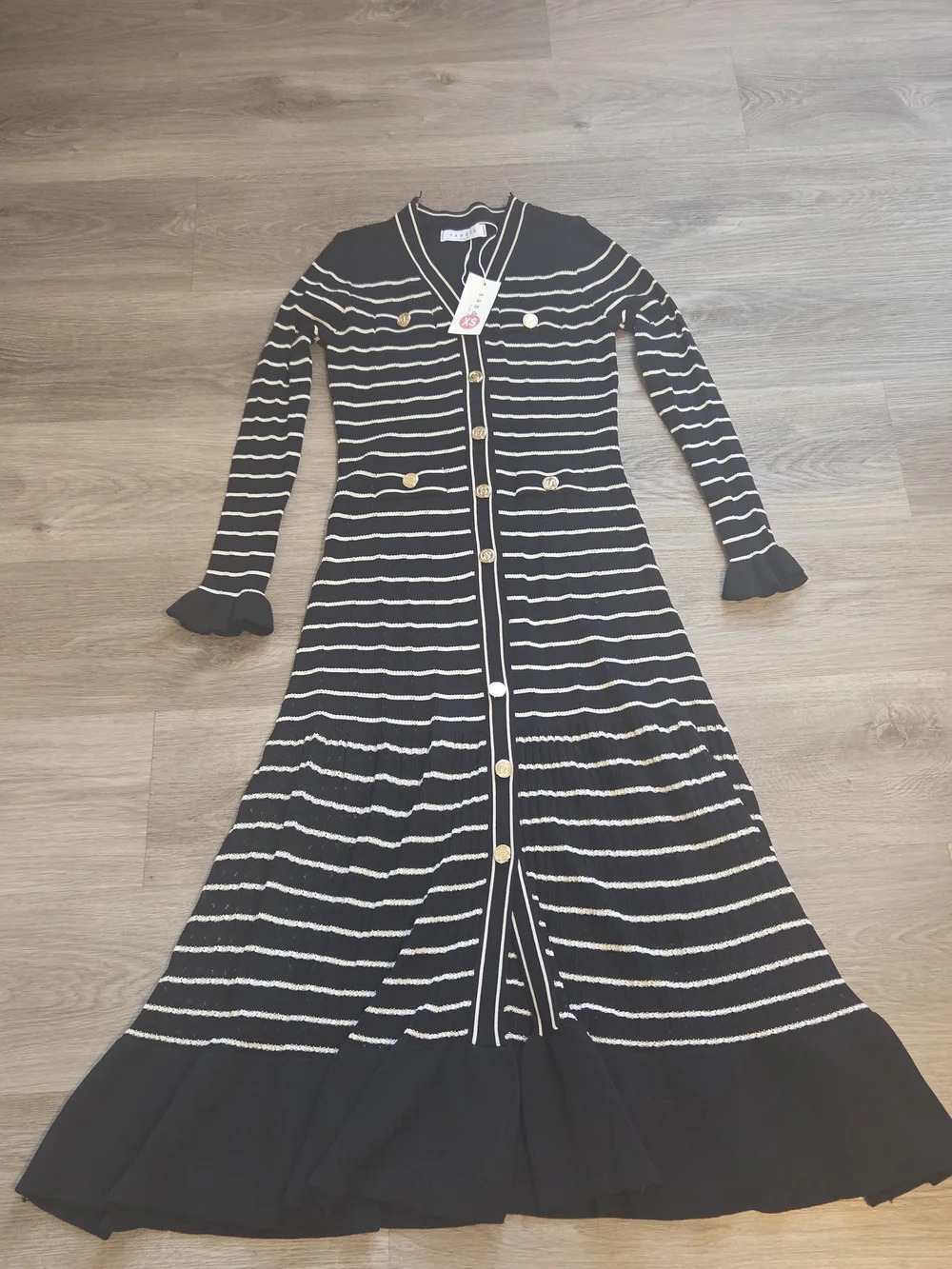 Sandro Elegant Black & White Striped Maxi Knit Dress with Button Front - Picture 3 of 9
